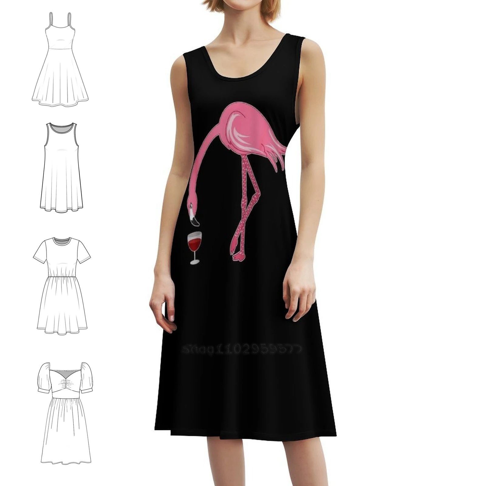 

Flamingo Wines Party Pink Bird Fans Preppy Style Mini Dress For Women A-Line Loose Fit Casual Day Dress Wine Drink Coffe Wine