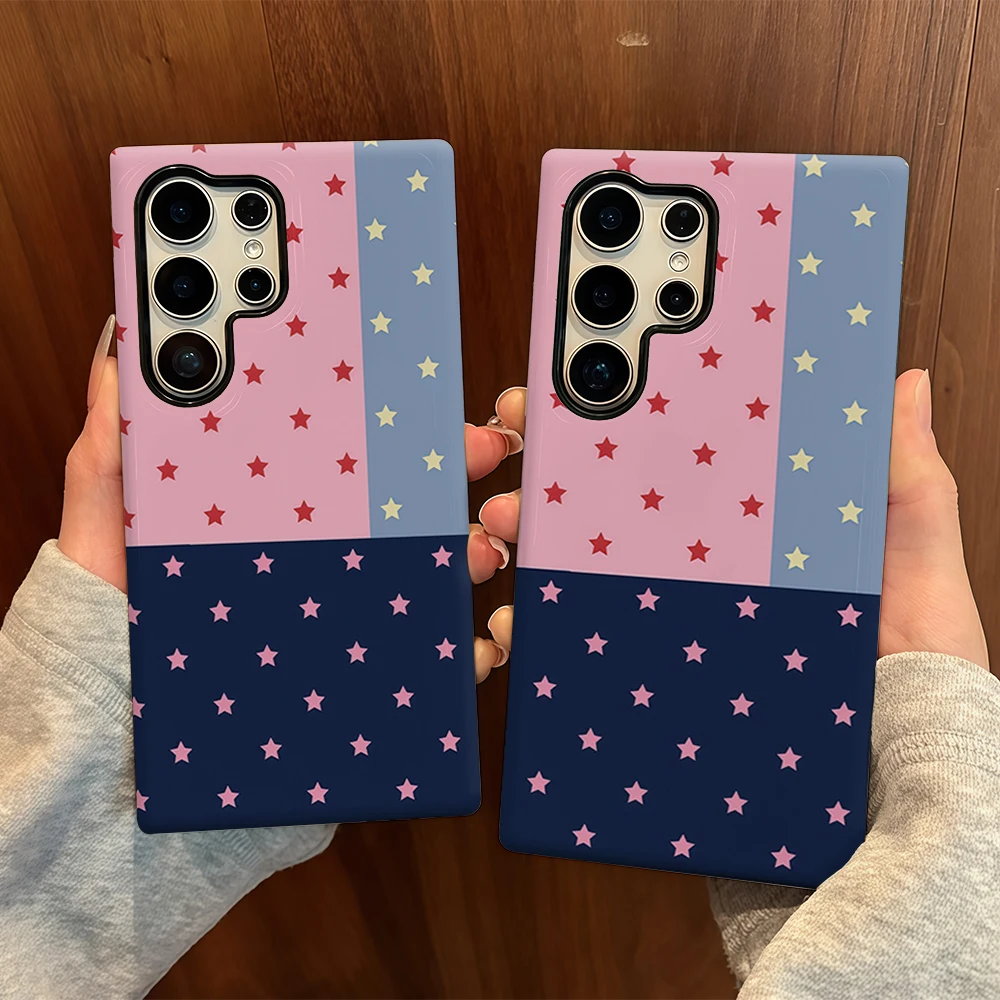 Pink Blue Navy Stars For Samsung Galaxy Phone Case S23 S20 S25 FE S24 Plus S26 Ultra 2-IN-1 Shockproof Bumper Hard PC