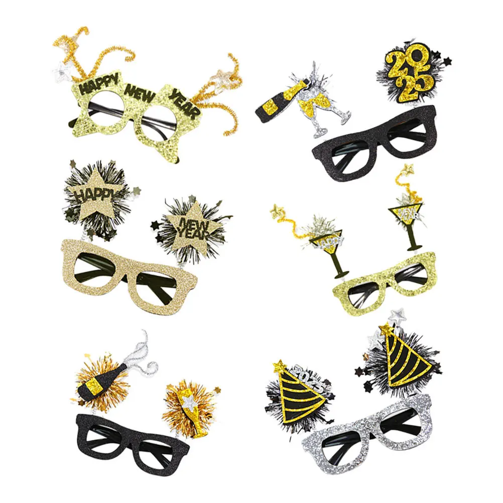 

6pcs New Year Party Glasses 2025 Unique Fun Eyewear Plastic Frame Photo Props For Celebrations Lightweight Colorful