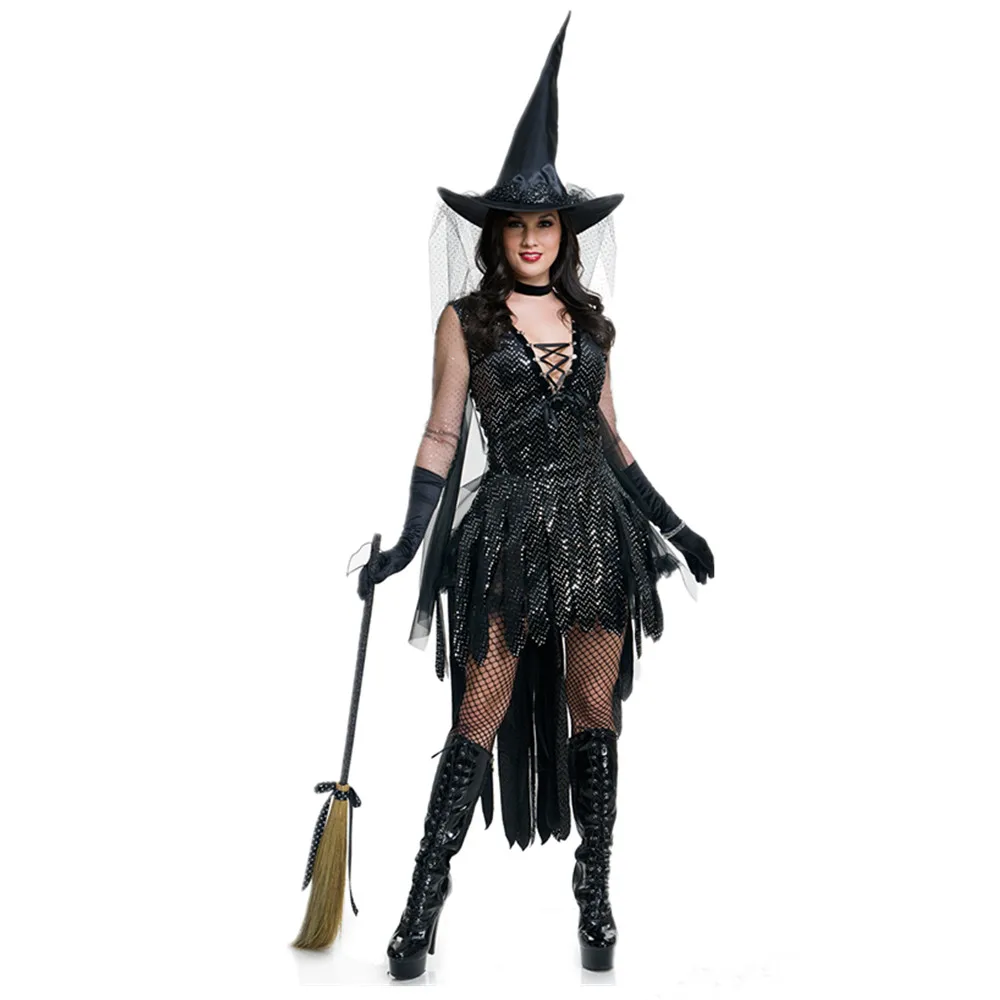 Disfraz de bruja Sexy para mujer, traje de Cosplay de fiesta de lujo para adultos, negro, Halloween