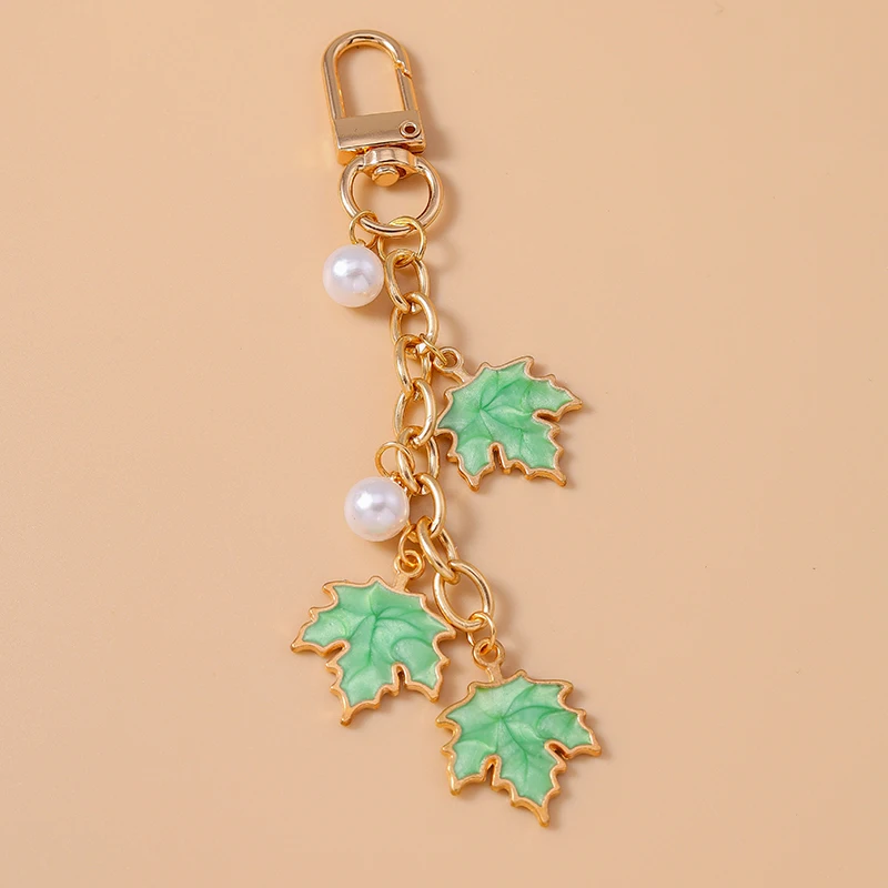 Cute Enamel Pearl Maple Leaf Key Chain Plant Key Ring for Women Girls Handbag Pendant DIY Handmade Jewelry Gifts