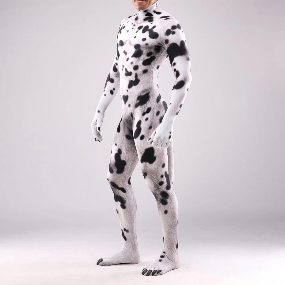 Halloween Tiger Pattern Cosplay Costume Funny Animal Cow Print with Tail Camouflage Clothing Adult Holiday Party Man Jumpsuit