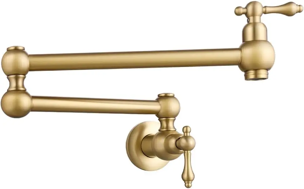 

Gold Brass Pot Filler Faucet, Dual Valve Wall Mount with Stretchable Swing Arms