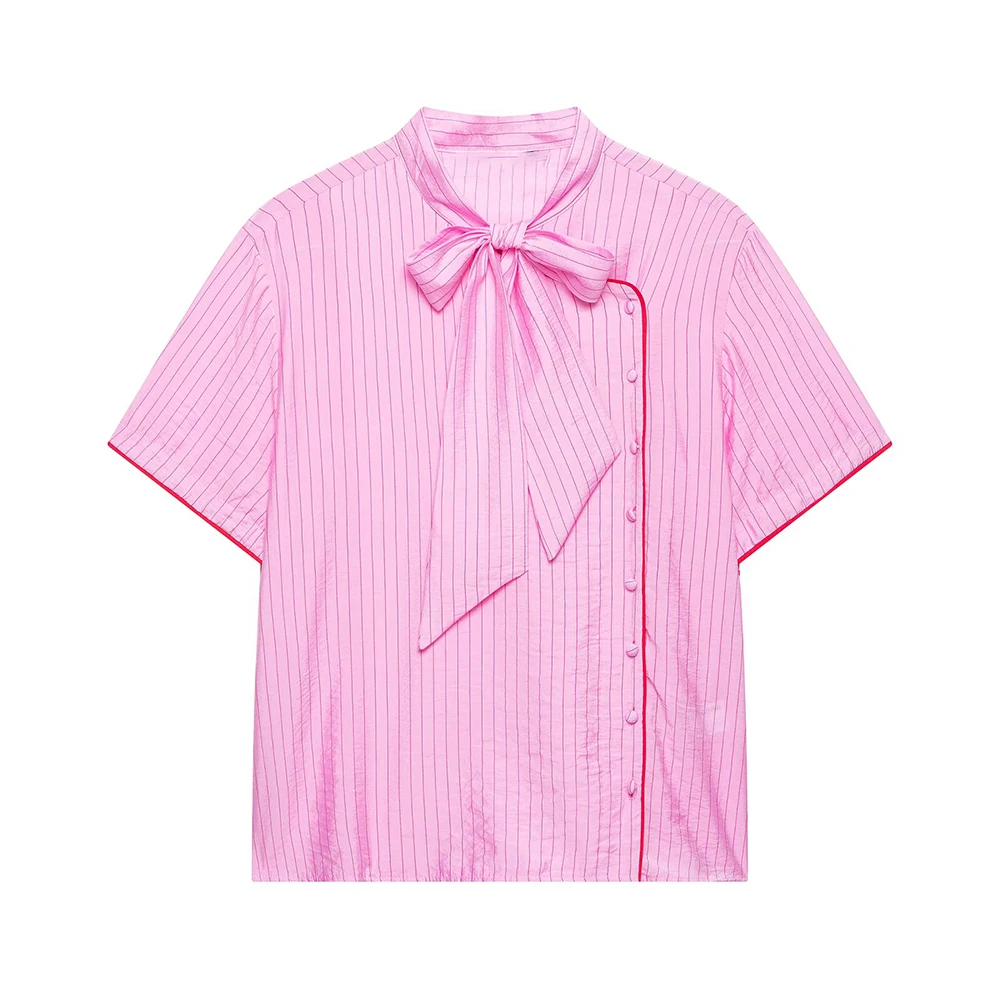 KONDALA Schickes gestreiftes rosa Freizeit-Mode-T-Shirt für Damen 2026 mit Schleife, Streetwear, Vintage, lockeres Hemd, Kurzarm, Urlaubs-Oberteil für Frauen – Detail 2