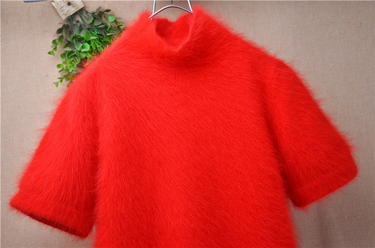 Ladies Women Autumn Winter Fashion Red Angora Rabbit Hair Knitted Mock Neck Short Sleeves Slim Medium Long Sweater Dress Jumper