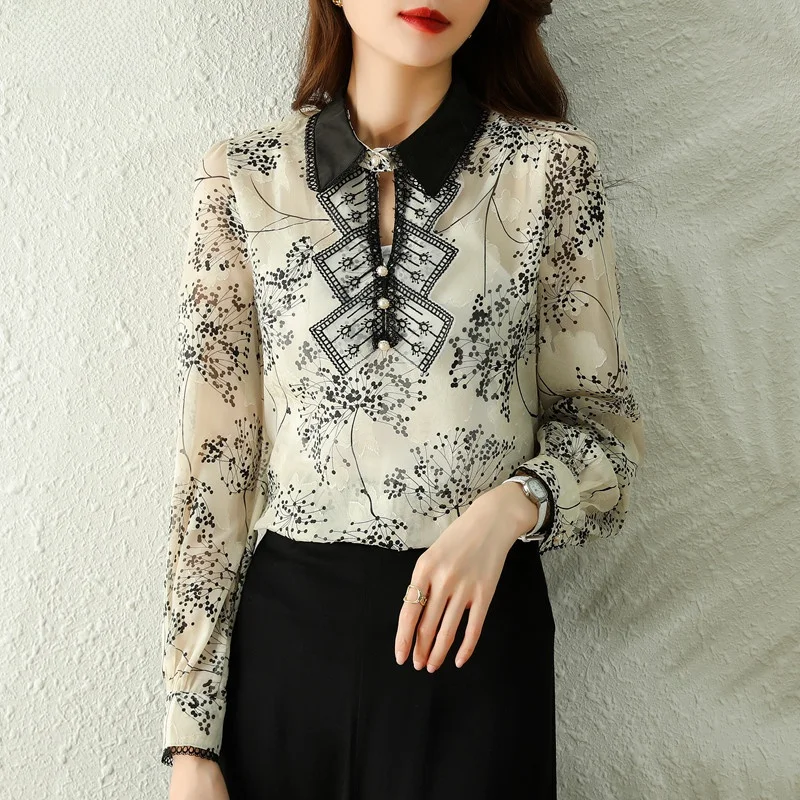 Floral Print Chiffon irt Women's Long Sve Faionable Ele Sle Spring Autumn Winter Top Ladies irt Straight Cut