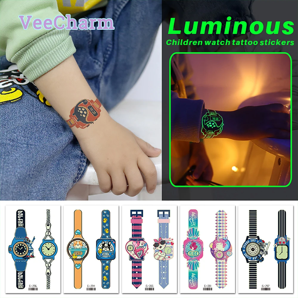 

VeeCharm - Cartoon Watch Luminous Temporary Tattoos for Kids, Waterproof, Safety, Party Supplies, Gifts, 1/12/24 Sheet