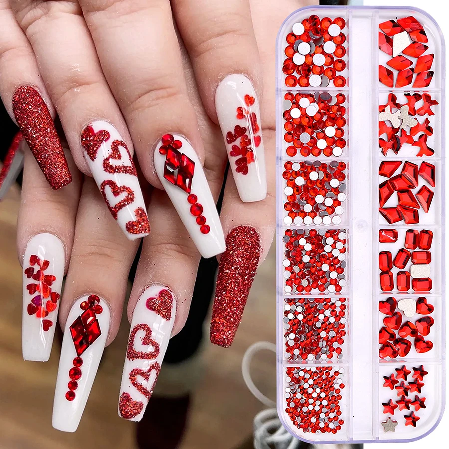 12-Fächer-Box mit mehrfarbigen Flachrücken-Strasssteinen, Kristall-Edelsteinen, 3D-Glitzer-Nagelkunst-Dekorationen, luxuriöse Nagelkunst-Zubehörteile – Detail 2