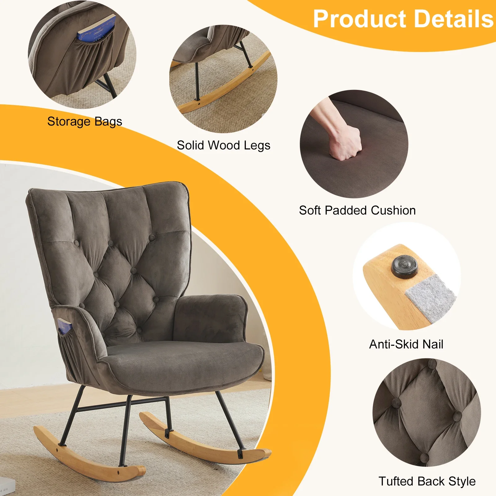 

Rocking Chair Nursery,Stylish Modern Rocking Accent Chair Glider Recliner for Living Room Nursery Bedroom, Dark Grey