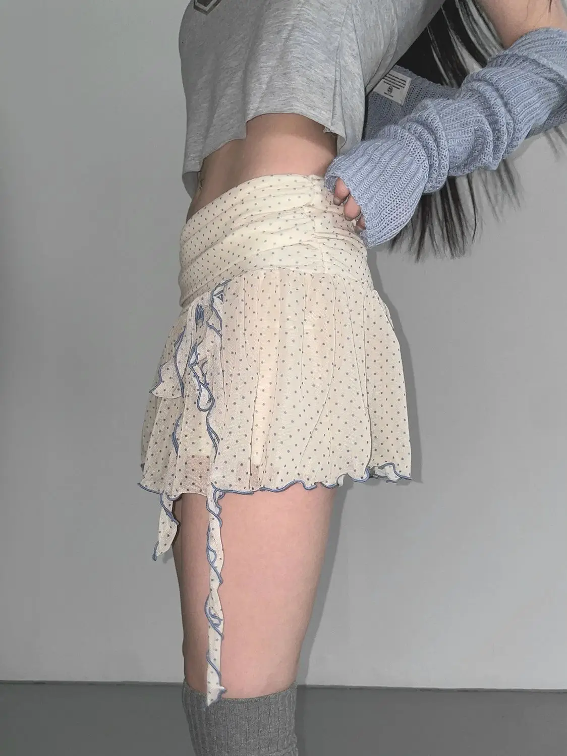 Girlish Bow Tie Strap See-through Polka Dot Casual Chiffon Sexy Cute Half-skirt for Women