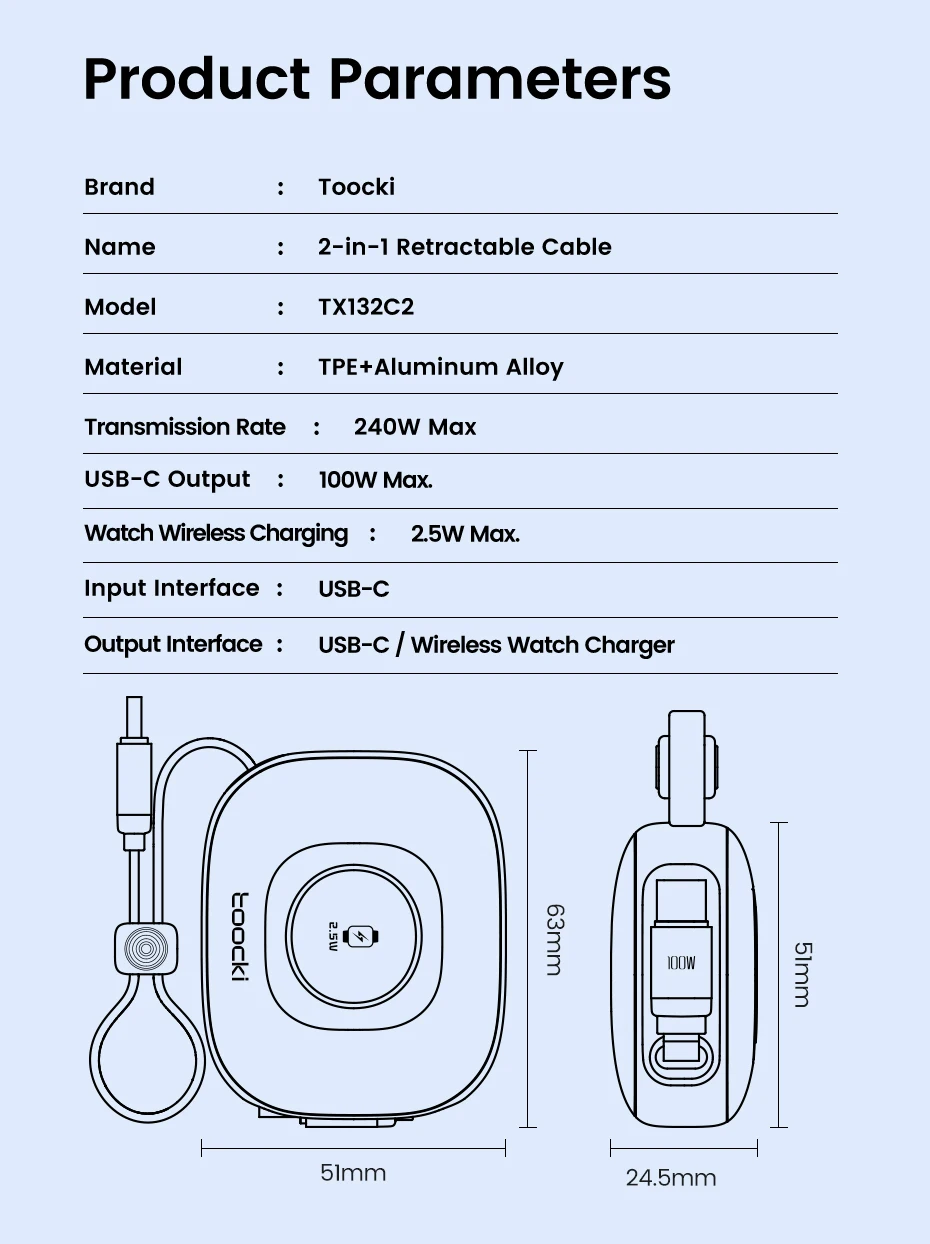 Toocki 2-in-1 ausziehbares Kabel PD100W USB-C Schnellladekabel + 2,5W kabelloses Uhren-Ladegerät für iPhone/Apple Watch Xiaomi Huawei – Detail 15