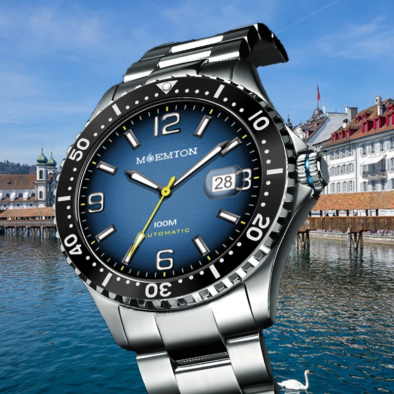MOEMTON оригинальные мужские механические часы с сапфировым стеклом, 10 бар, 100 м, водонепроницаемые спортивные часы для дайвинга, роскошные часы из нержавеющей стали