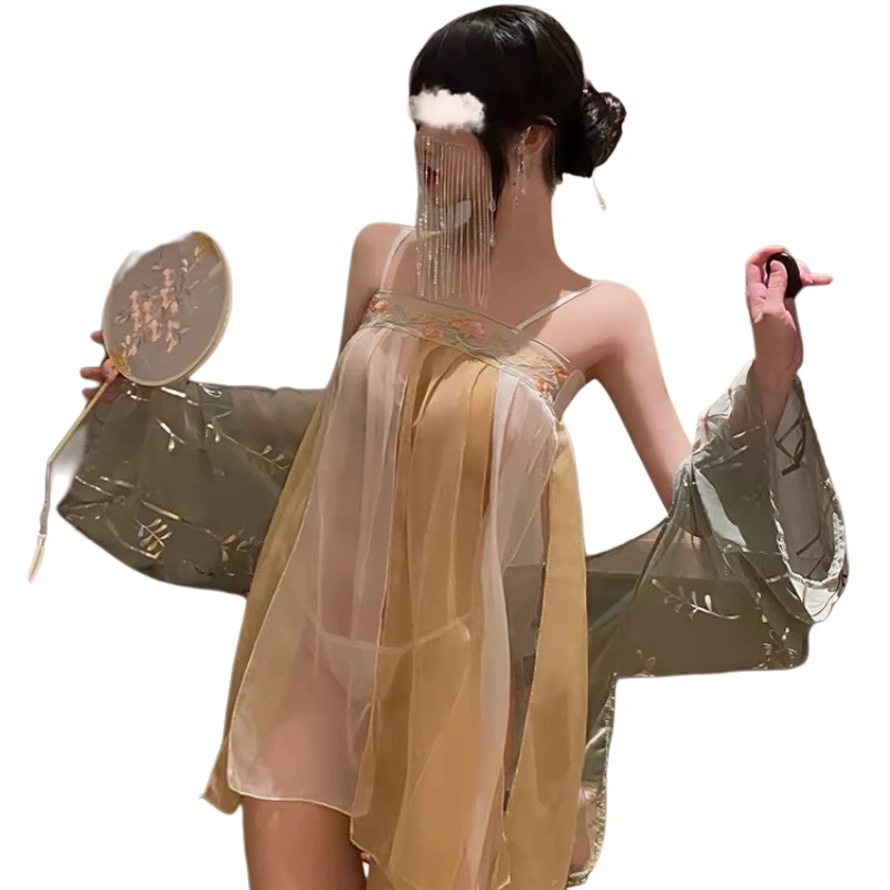 

Women Sexy Lingerie Chinese Hanfu Traditional Bathrobe Mesh Uniform Set Girl See Through Sleepwear Blossoms Long Robes Nightgown