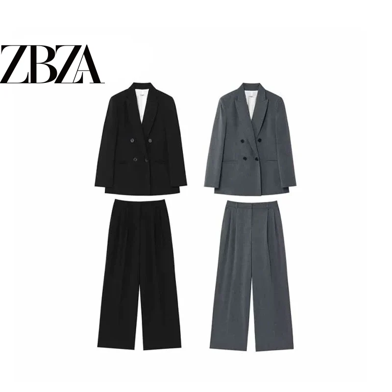 Shoulder Pad Suit Jacket Casual Pants Women's Fashion Set 2026 Spring Long Sleeve Button up Collar European Style Adult Size