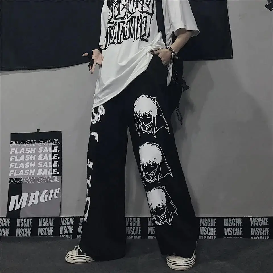 Celana karakter Anime Harajuku celana kaki lebar Hip Hop pola Jepang untuk wanita celana Jogger pria pakaian jalanan kasual modis