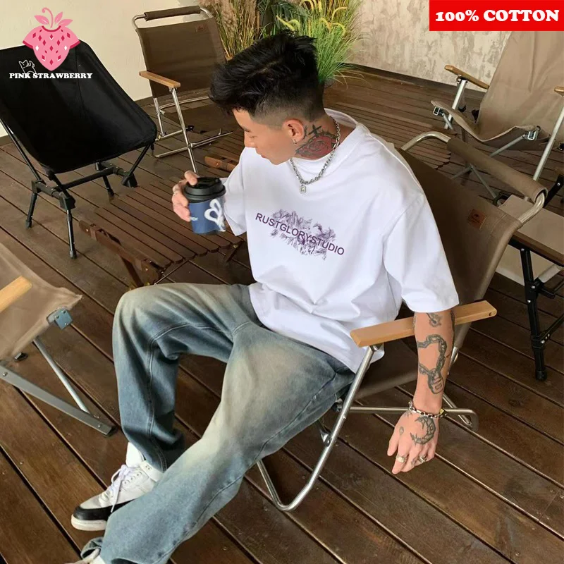 

American Street White T-shirt Men Women Summer 2025 New 100% Cotton Letter Print Short sleeves Loose Tee Y2k Tops men clothing