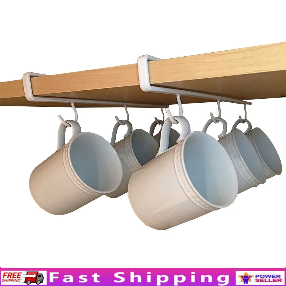 

Набор крючков для кружек Undershelf из 2 компактных кухонных органайзеров, вмещает 6 чашек, установка не требуется, прочное стальное хранилище