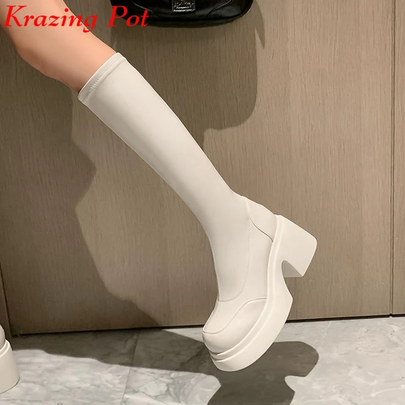 Krazing Pot Cow Leather Round Toe Thick High Heels Platform Boots Winter Keep Warm Zipper Elastic Waterproof Over-the-knee Boots