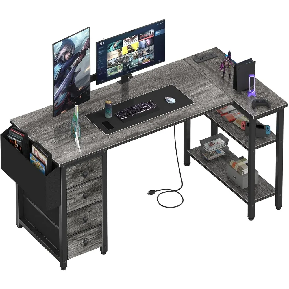 

Г-образный игровой стол с ящиками и полками для хранения, 55-дюймовый угловой компьютерный стол с розеткой для домашнего офиса, спальни, L-