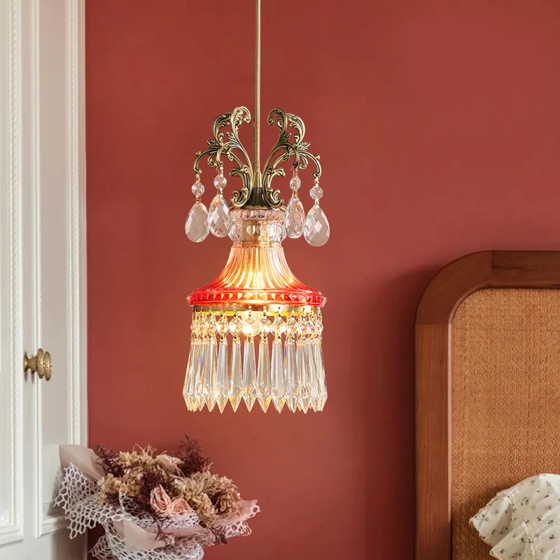 

French Crystal Chandelier Atmosphere Luxury Full Copper Bedroom Bedside Aisle Corridor Ceiling Pendant Lamp Indoor Home Decor