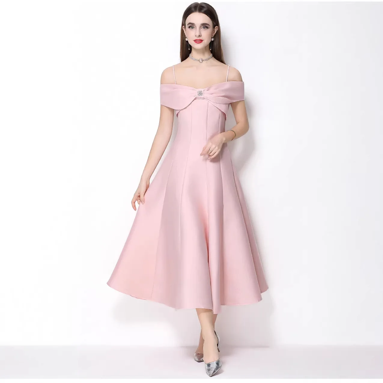 2026 French Party Maxi Dresses Women's Spring Autumn Elegant Bow Slip Dresses Slim Sexy Big-hem A-line Spaghetti Strap Dresses