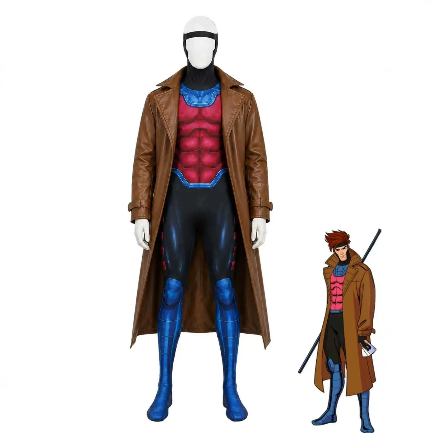 Costume Cosplay X Gambit Remy, Tuta da Combattimento in Pelle, Trench Lungo, Set con Maschera, Abbigliamento da Supereroe per Halloween e Carnevale