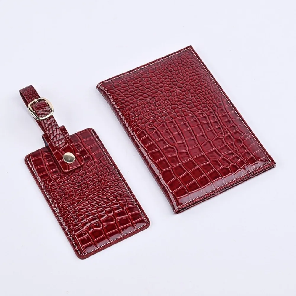 2 Pcs Set Pu Leather Passport Holder Case Crocodile Patterned Solid Color Luggage Tag Accessories Multi-Pocket