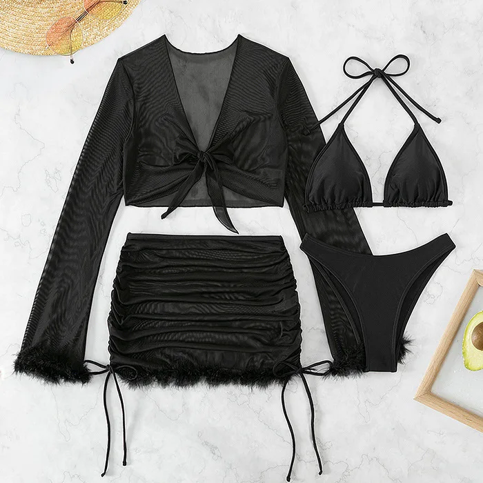 

4-Pieces Sexy Black Bikinis With a Skirt 2025 Women Cover Up Long Sleeve Swimsuits Feme Halter Swimwear Summer Beachwear