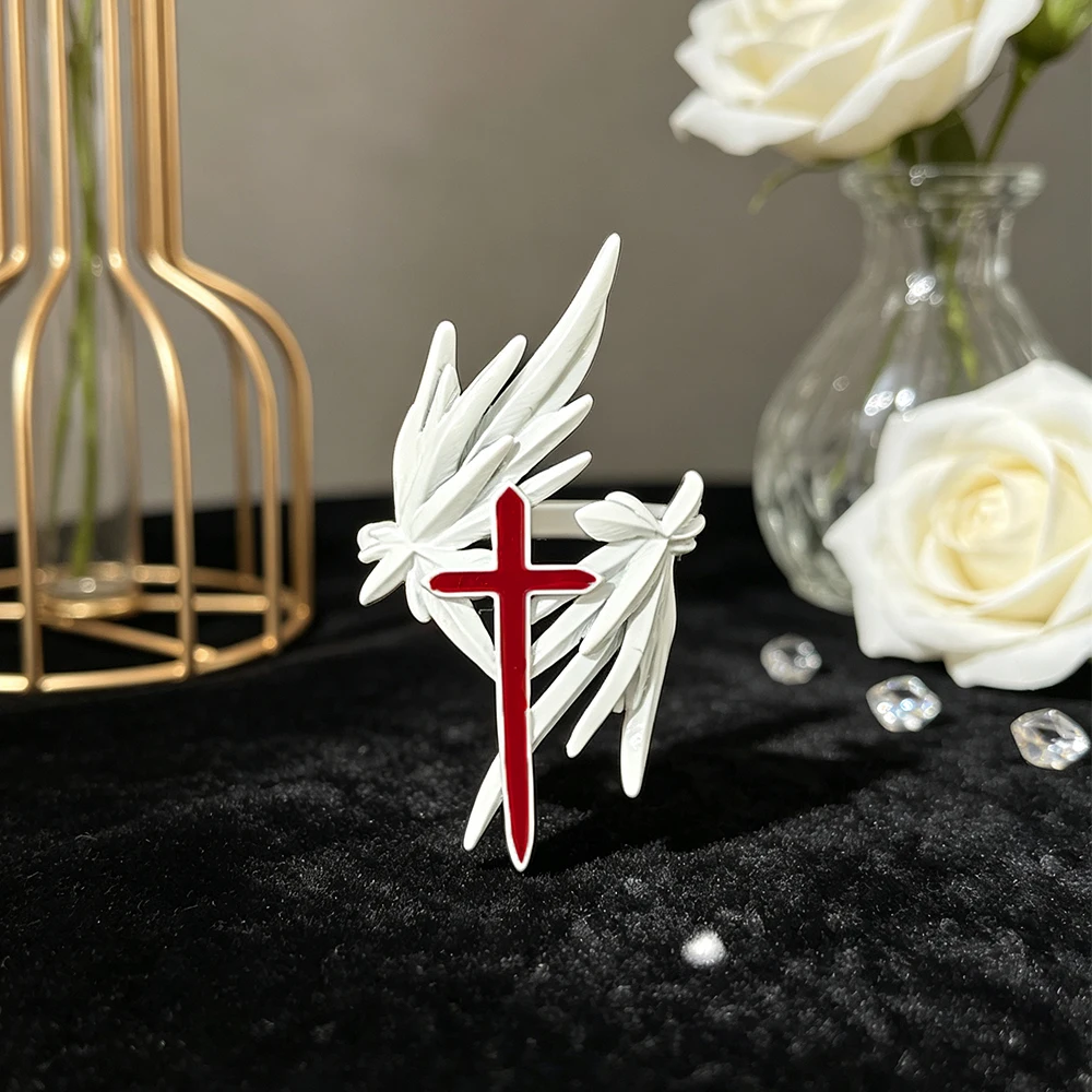 Gothic Style White Wings and Red Cross Ring Dark Gothic Style Red and White Contrasting Color Personalized Women's Ring