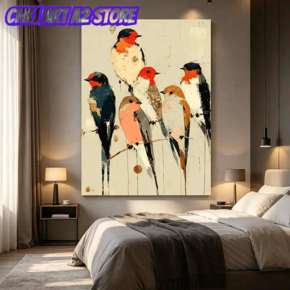 Abstract Birds on Branch Canvas Painting Wall Art Rustic Bird Painting Modern Swallow Poster Print Colorful Avian Home Decor
