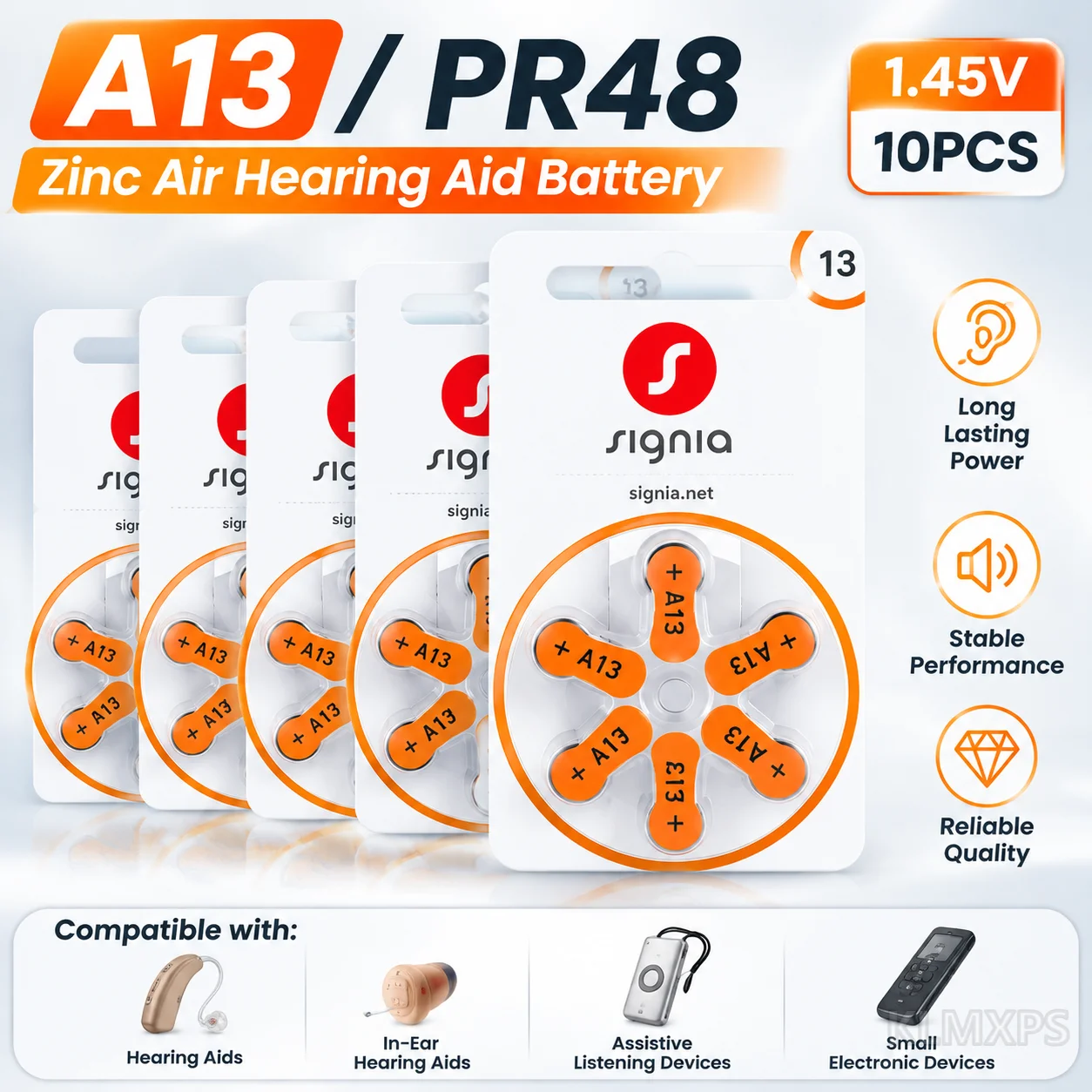 Size 13 Hearing Aid Battery PR48 Zinc Air 60 Count Long Tab Replacement Batteries for Hearing Aids 1.4V Pack