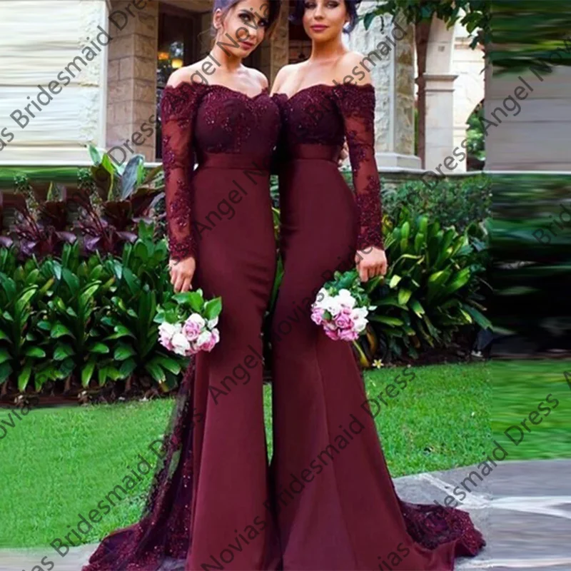 Long Sleeves Mermaid Burgundy Bridesmaid Dresses 2026 For Weddings Party Dresses Lace Up Back Robes Invitee Mariage
