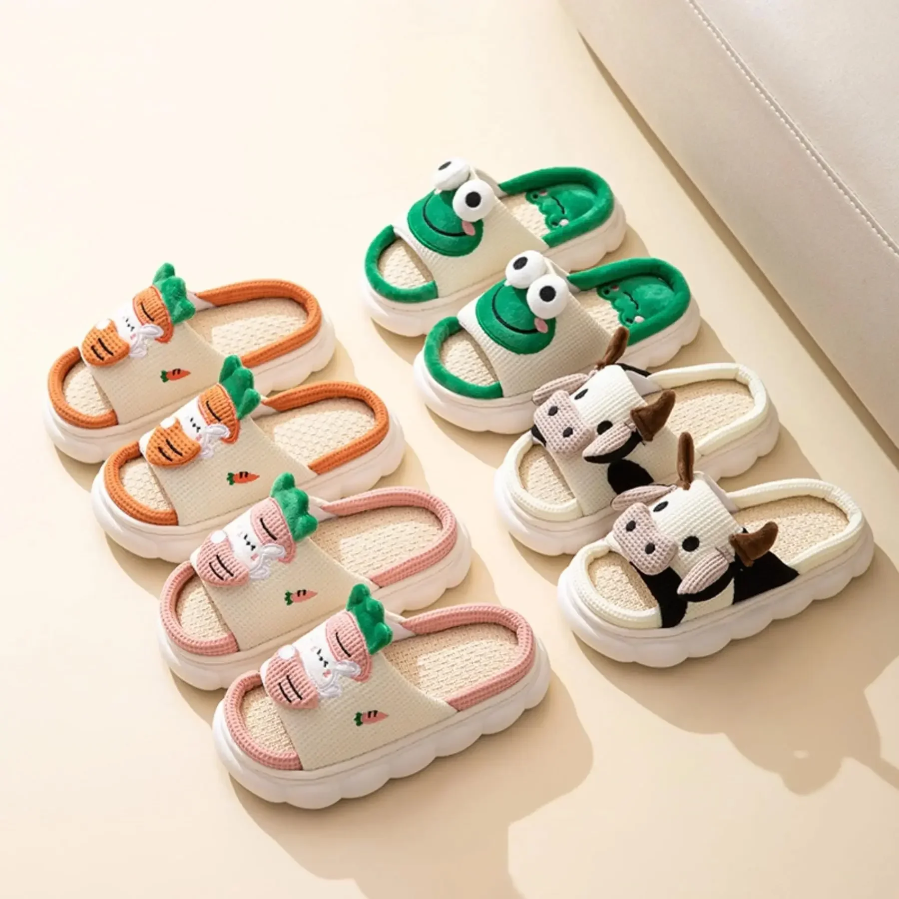 Girls Four Seasons Cute Frog Linen Slippers Couple Girl Heart Home Non-slip Thick Bottom Spring and Autumn Cotton and Linen