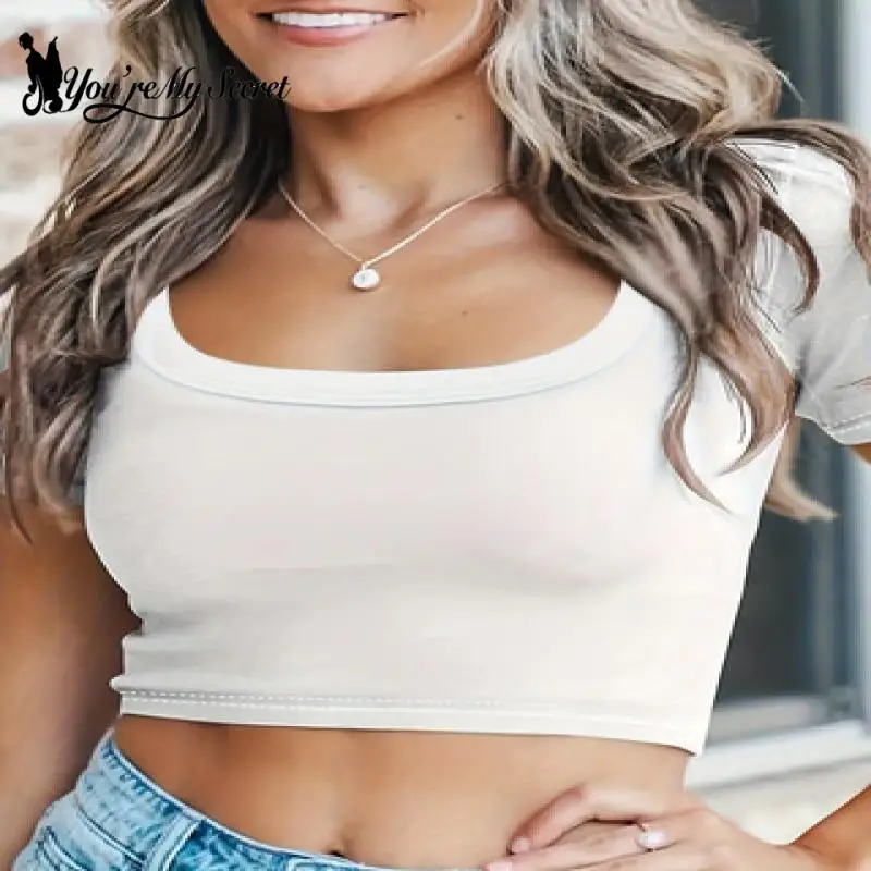 

[You're My Secret] Women Summer Casual T Shirt Basic O Neck Knit White Crop Top Y2k Streetwear Sexy Short Sleeve Tops