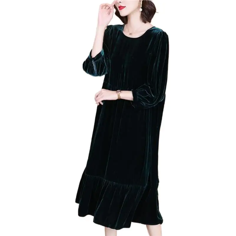 

2024 Autumn Velvet Midi Dresses Winter Solid Vintage Lantern Sleeve Loose Dresses Women Elegant Party Vestidos de fiesta