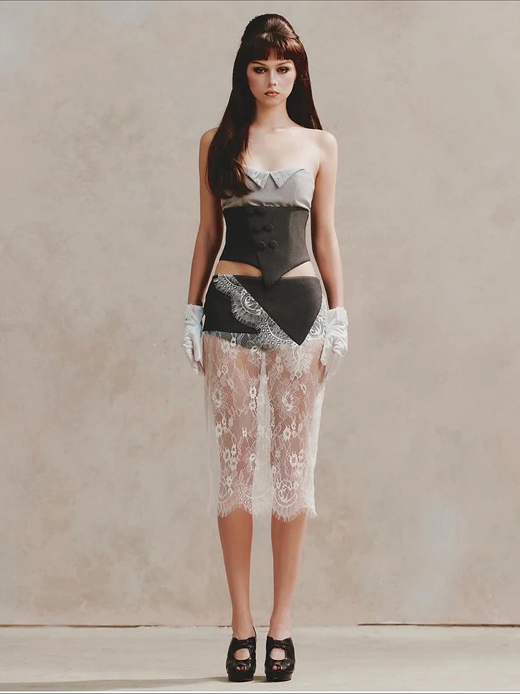 Cutenew موضة شيك 2 قطعة مجموعة المرأة المرقعة حمالة زر غير النظامية هيم توب + الدانتيل الجاكار تنورة هوتي مثير سليم وتتسابق #6