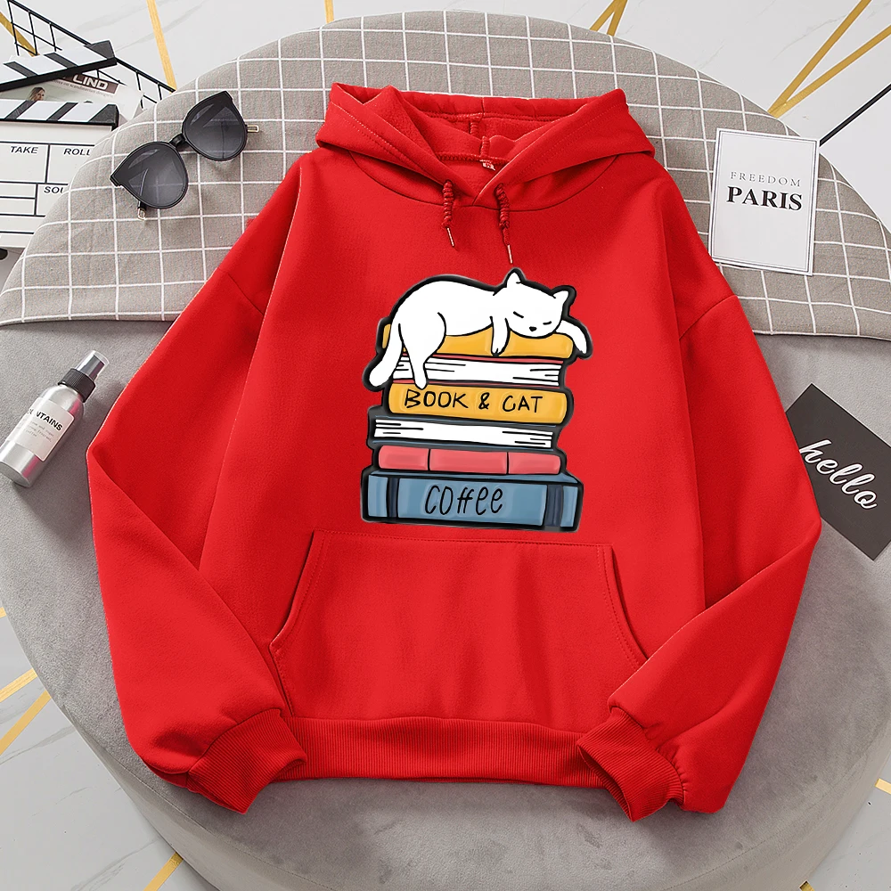 White Cat Sleeping On A Pile Of Books Hoodies Women Novelty Fashion Hoody Loose Oversized Basic New Hoodie Casual Fleece Clothes