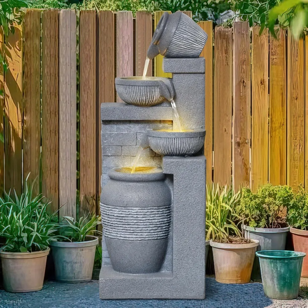 Outdoor Garden Water Fountain with Lights 4 Tiers Cascading Large Waterfall Floor Standing Fountain for Patio=
