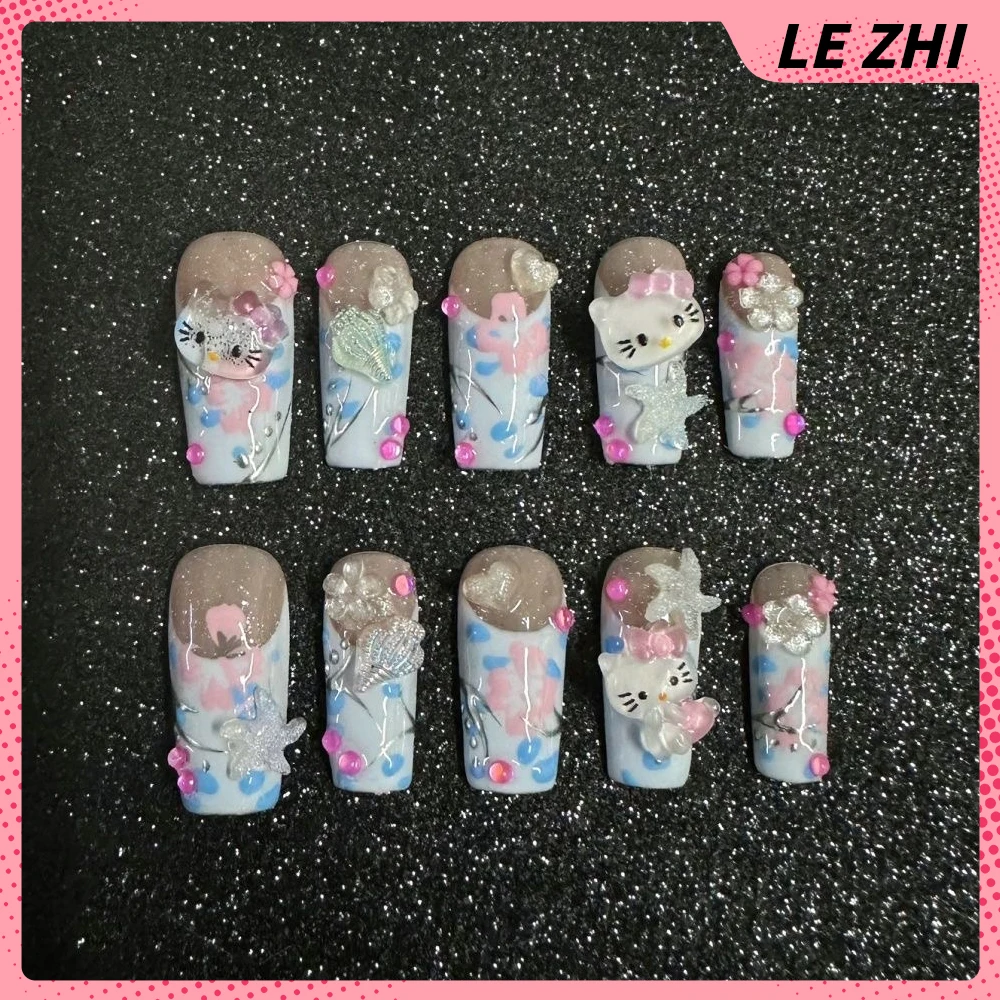 Kawaii Hello Kitty 3D Stereo Almond Square Detachable Fake Nails Art Star Bowknot Full Cover Nails Class Reunion Party Gift