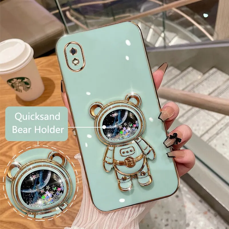 Phone Case For Samsung Galaxy A10 Soft Silicone Luxury Plating Cartoon Bear Fold Stand Phone Case Cover