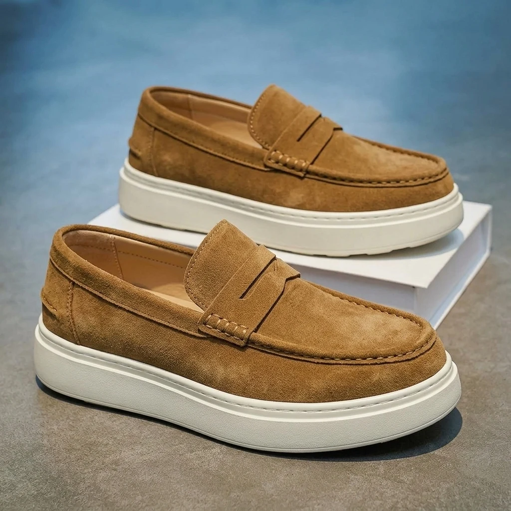 Men's Slip-On Loafers Thick Bottom Casual Shoes Soft Bottom Waterproof round Toe Rubber Outsole Korean Style Fashion Sneakers