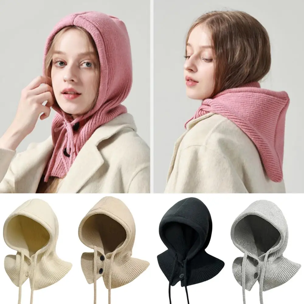 Winter Knitted Hooded Hat Women Men Winter Warm Button Woolen Hooded Cap Scarves Windproof Ski Neck Collar Knitted Hat Bonnet