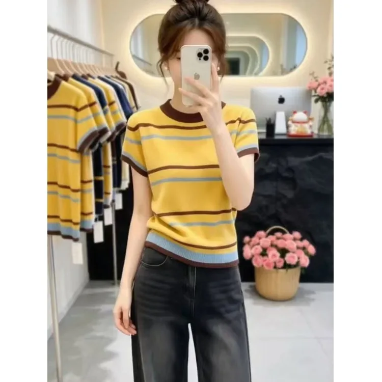 

Retro Striped Color Block Short Sleeve Knitted Shirt Women's Summer New round Neck Versatile Fashionable Youthful Top