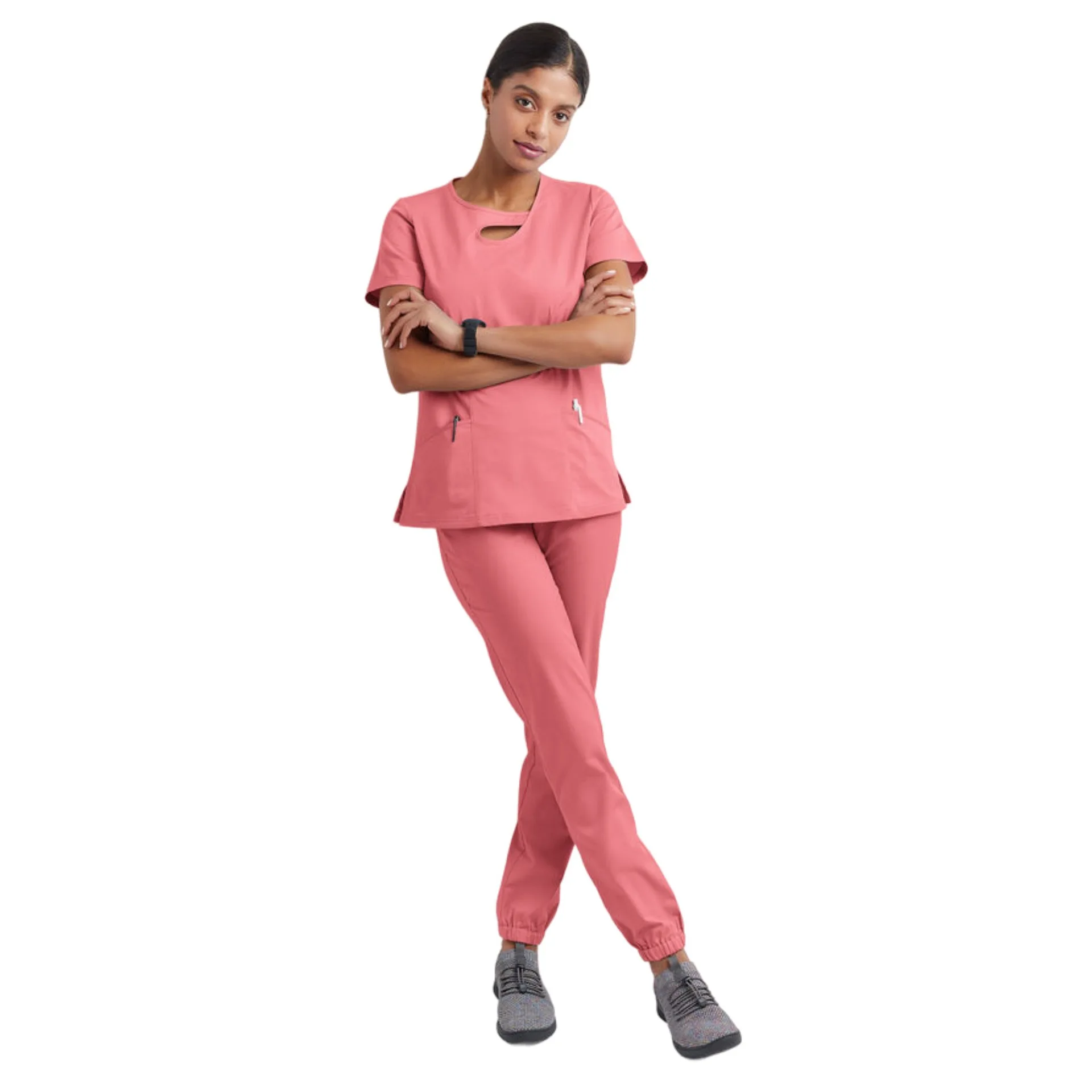 새로운 디자인의 병원 스크럽 세트, 간호 스판덱스 및 스트레치 의료 유니폼, 간호사 유니폼, 여성용 스크럽 세트
