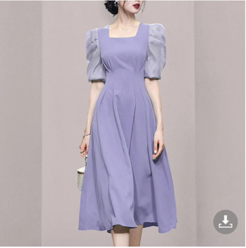 

French 2022 New Elegant Women Square Collar Purple Dress Chic Fashion Summer Puff Short Sleeve Ladies Slim High Waist Vestidos