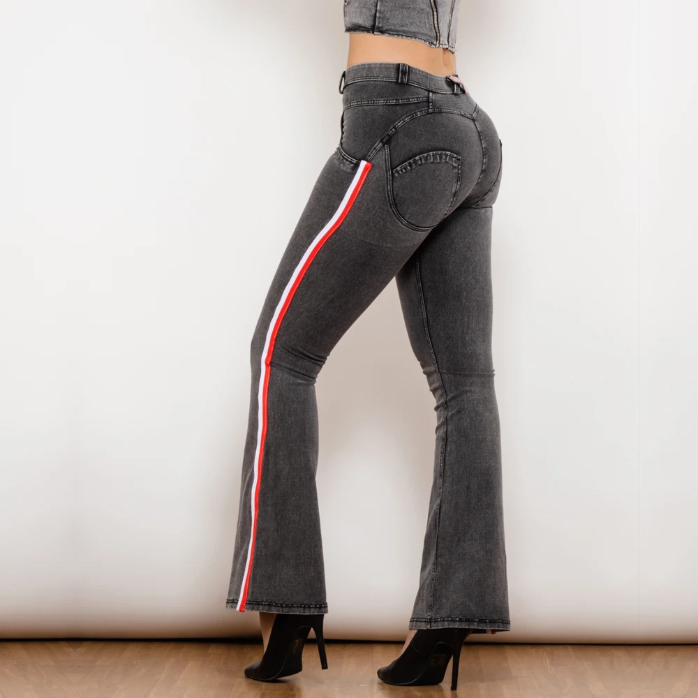 

Shascullfites Melody Side Striped Middle Waist Grey Jeans Butt Lift Leggings Woman Sexy Push Up Jeans Denim Flare Pants