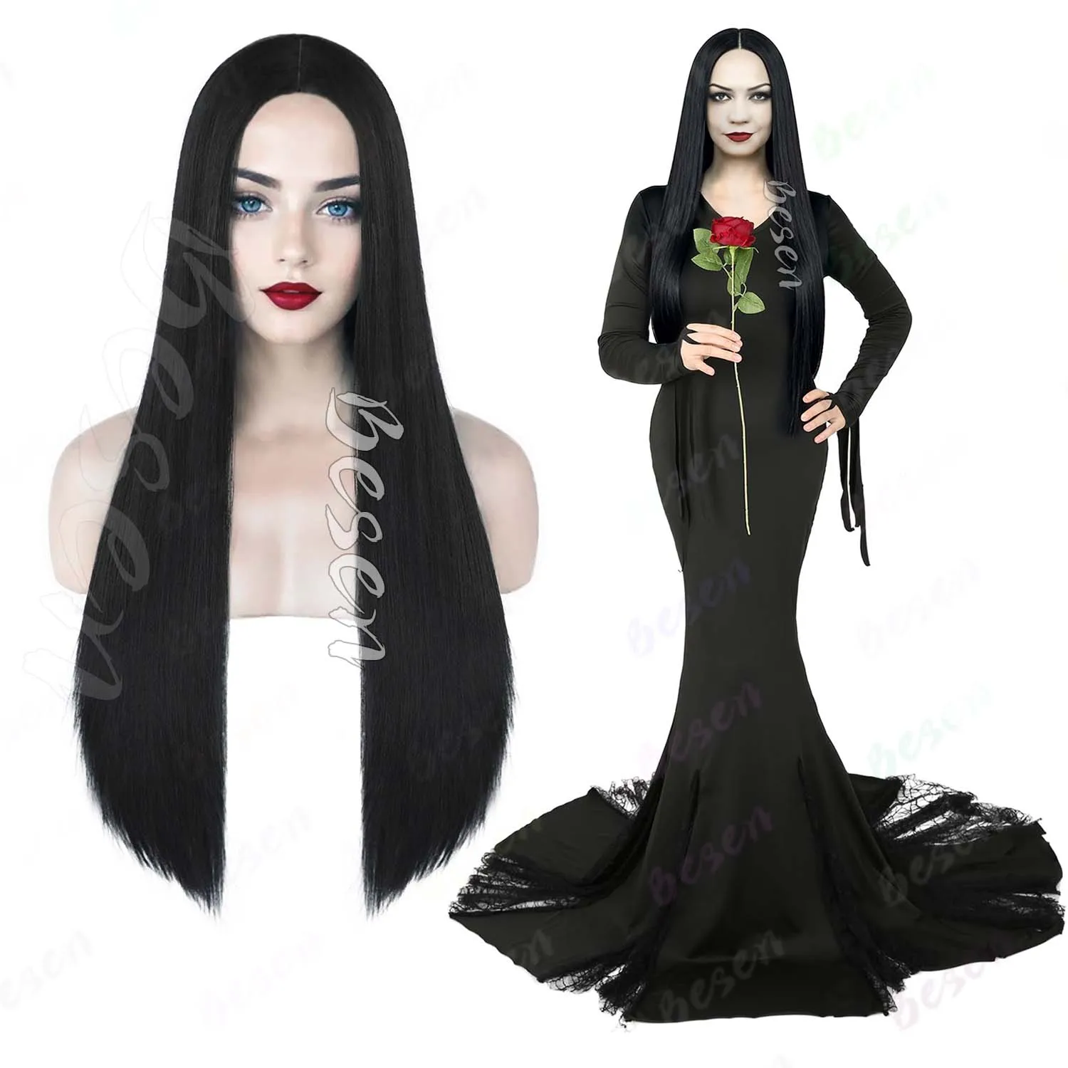 Synthetic Long Black Wig for Modiciya Addams Costume 30 inch Long Straight Women Cosplay Wigs for Halloween Party Anime or Fun