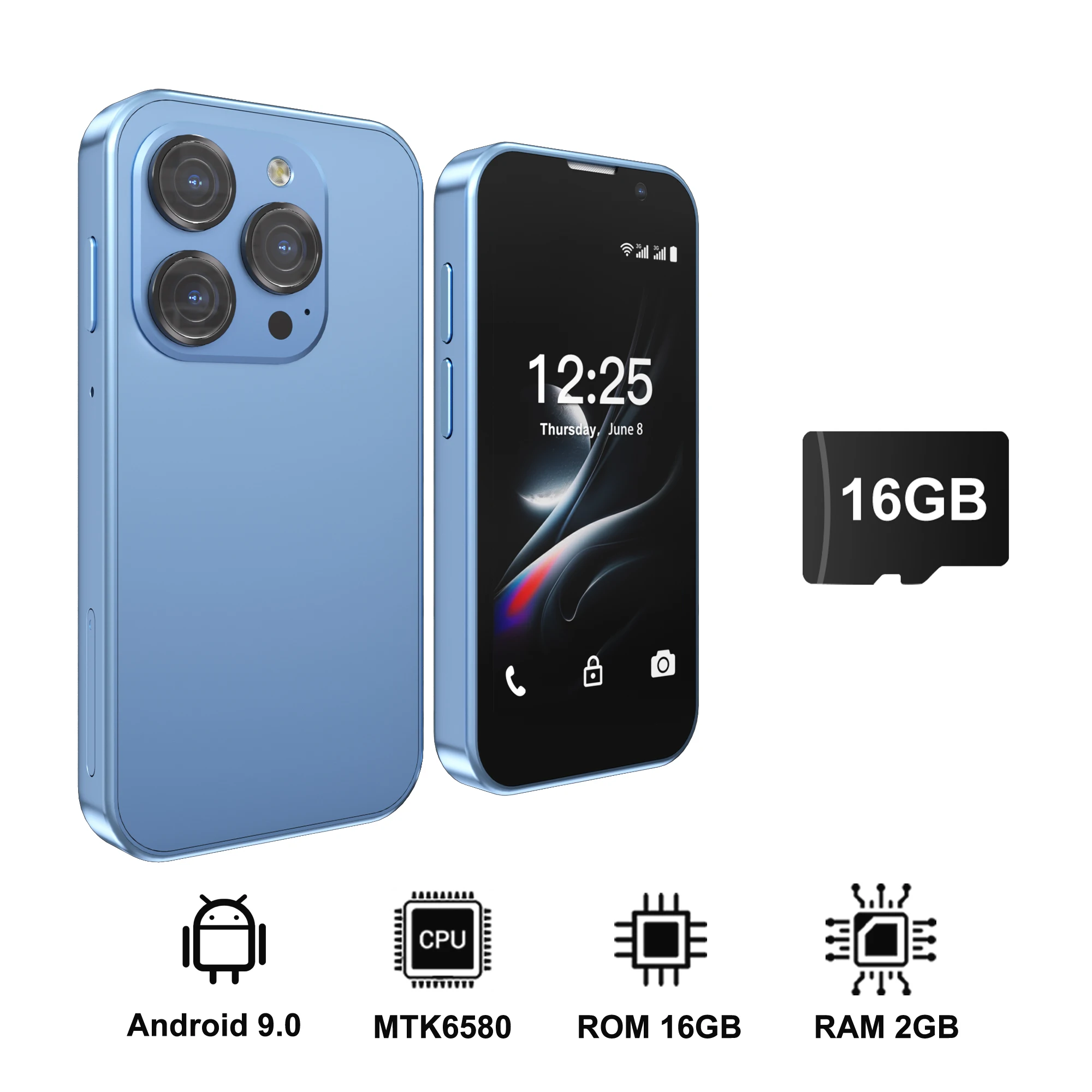 SERVO 3G Super Mini Smartphone Android 9.0 OS 2GB+16GB Gezichtsontgrendeling Play Store WiFi Hotspot 2 SIM Standby 3.0" Kleine Smartphones