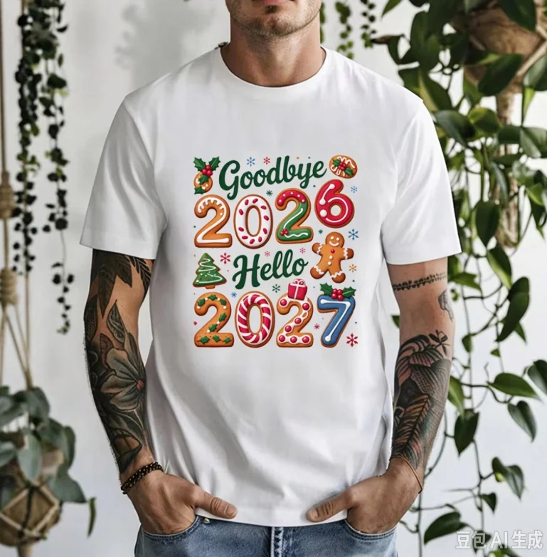 Unisex Goodbye 2026 Hello 2027 Gingerbread Cookie T-Shirt,New Year Christmas Short Sleeve Tee Family Holiday Party Casual Top