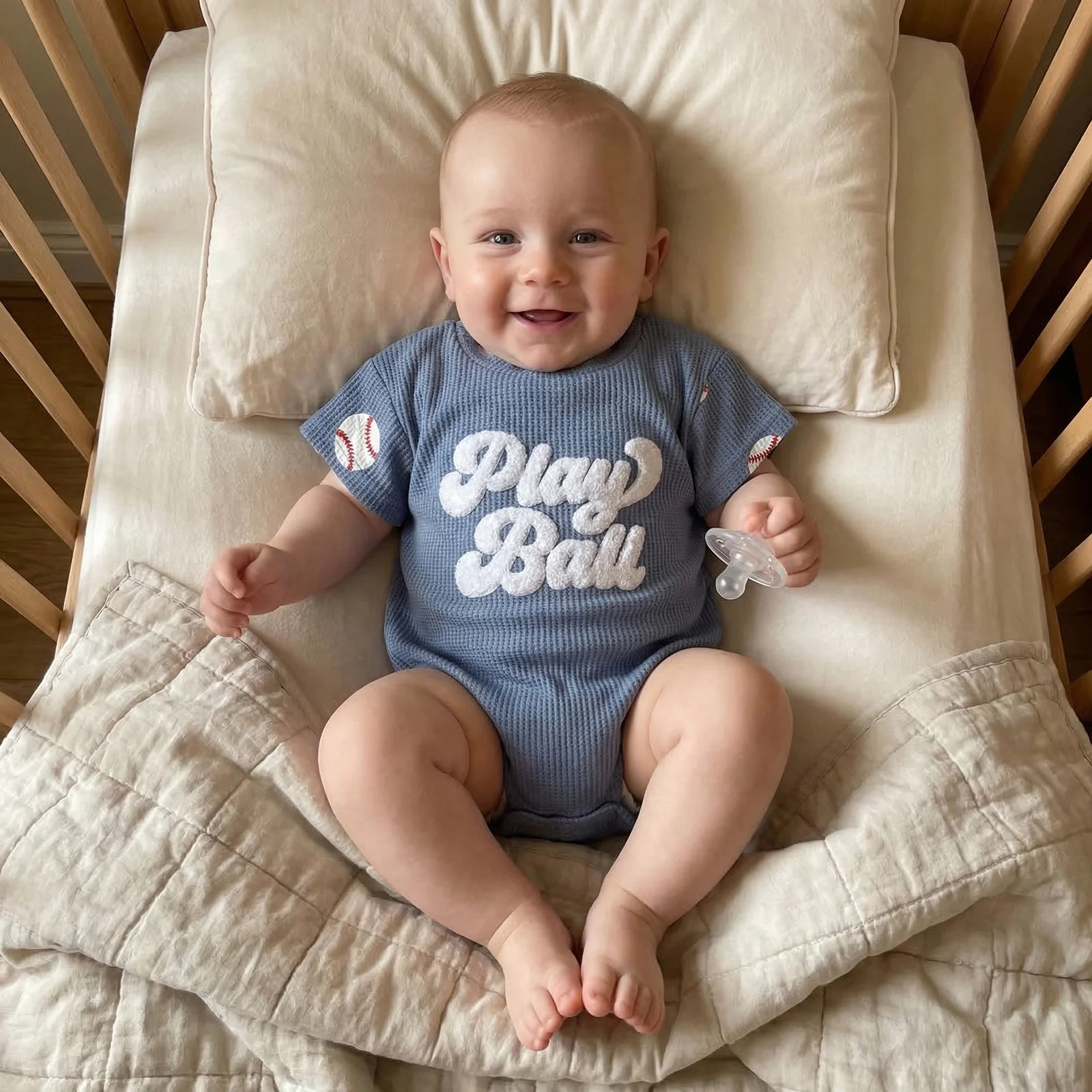 Baby Boys Summer Waffle Jumpsuit Casual Baseball/Golf Letter Embroidery Short Sleeve Romper for Newborn Cute Clothes